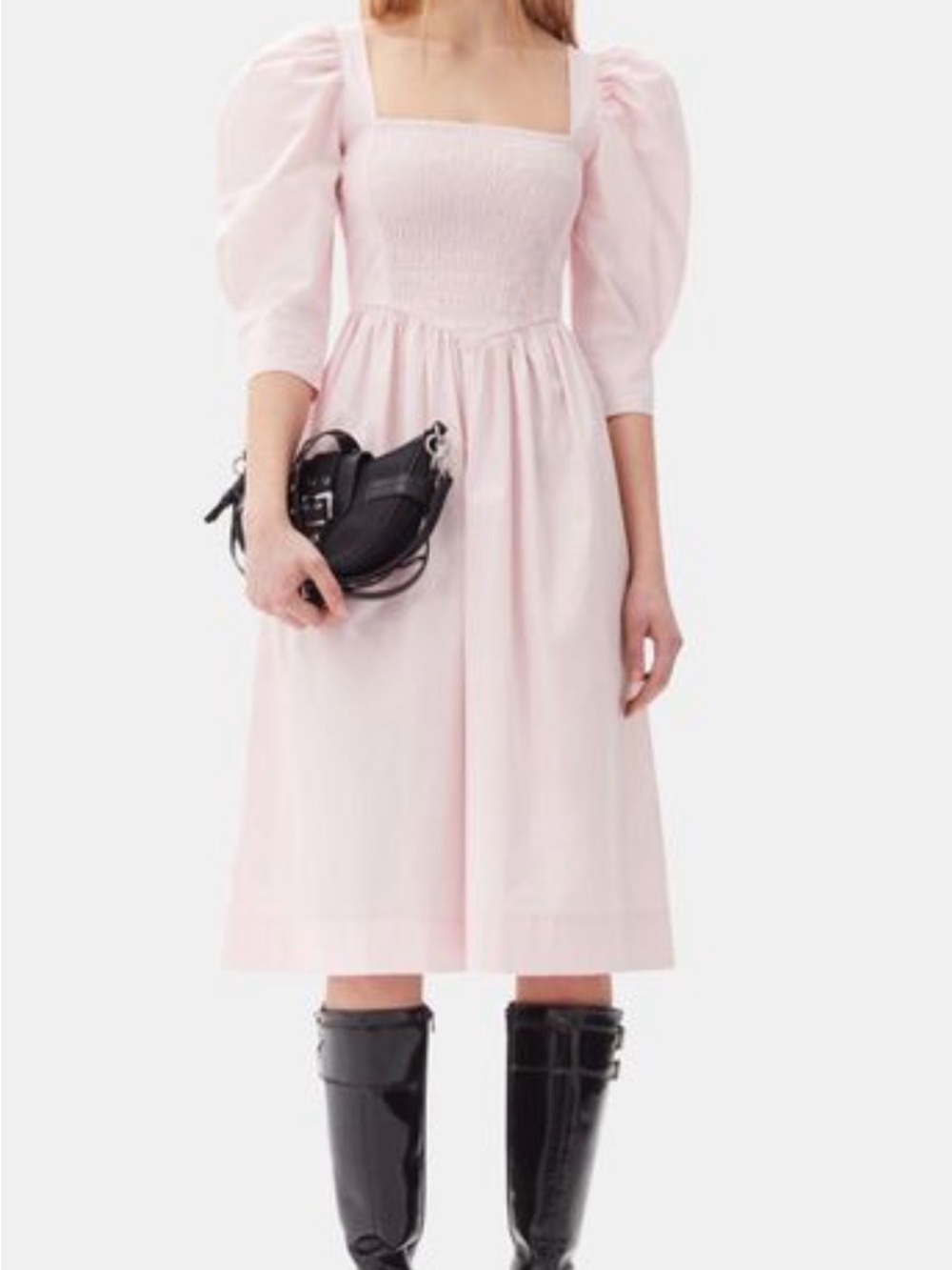 NWT Ganni Light Pink Smocked Bodice Midi Dress with Puff Sleeves